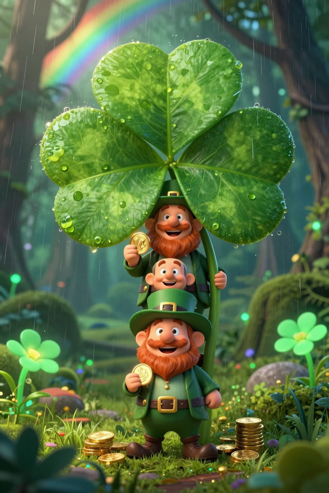 Tre leprecauni si riparano dalla pioggia dietro un enorme quadrifoglio
