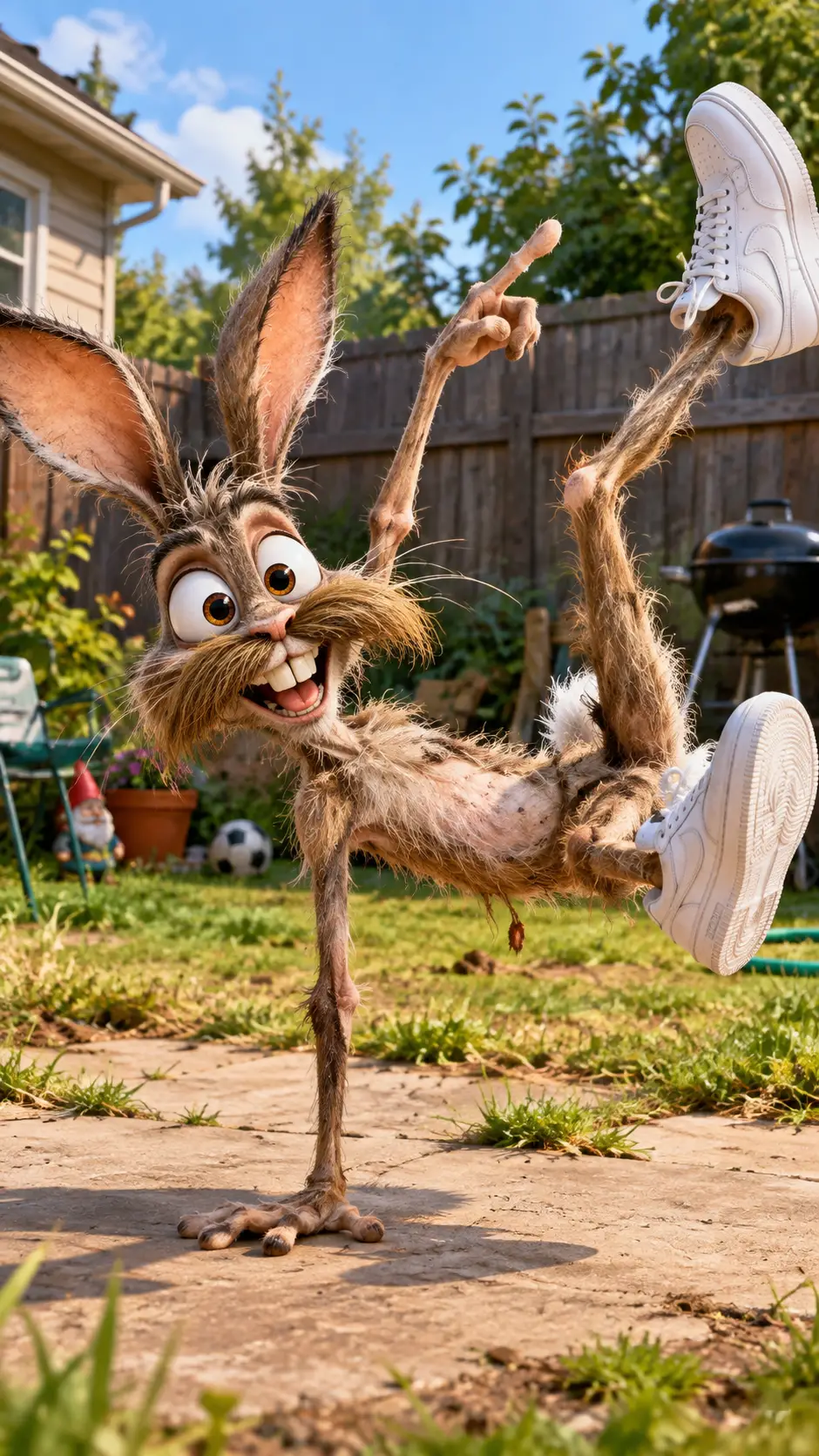 A Scruffy Rabbit Breakdances Across a Suburban Backyard in White Sneakers