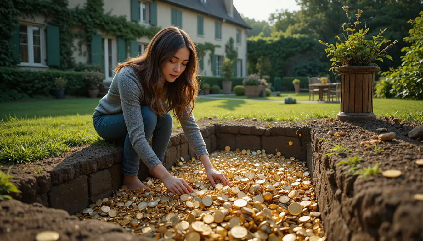 一名女子跪在堆滿閃耀金色寶藏的花園坑洞旁