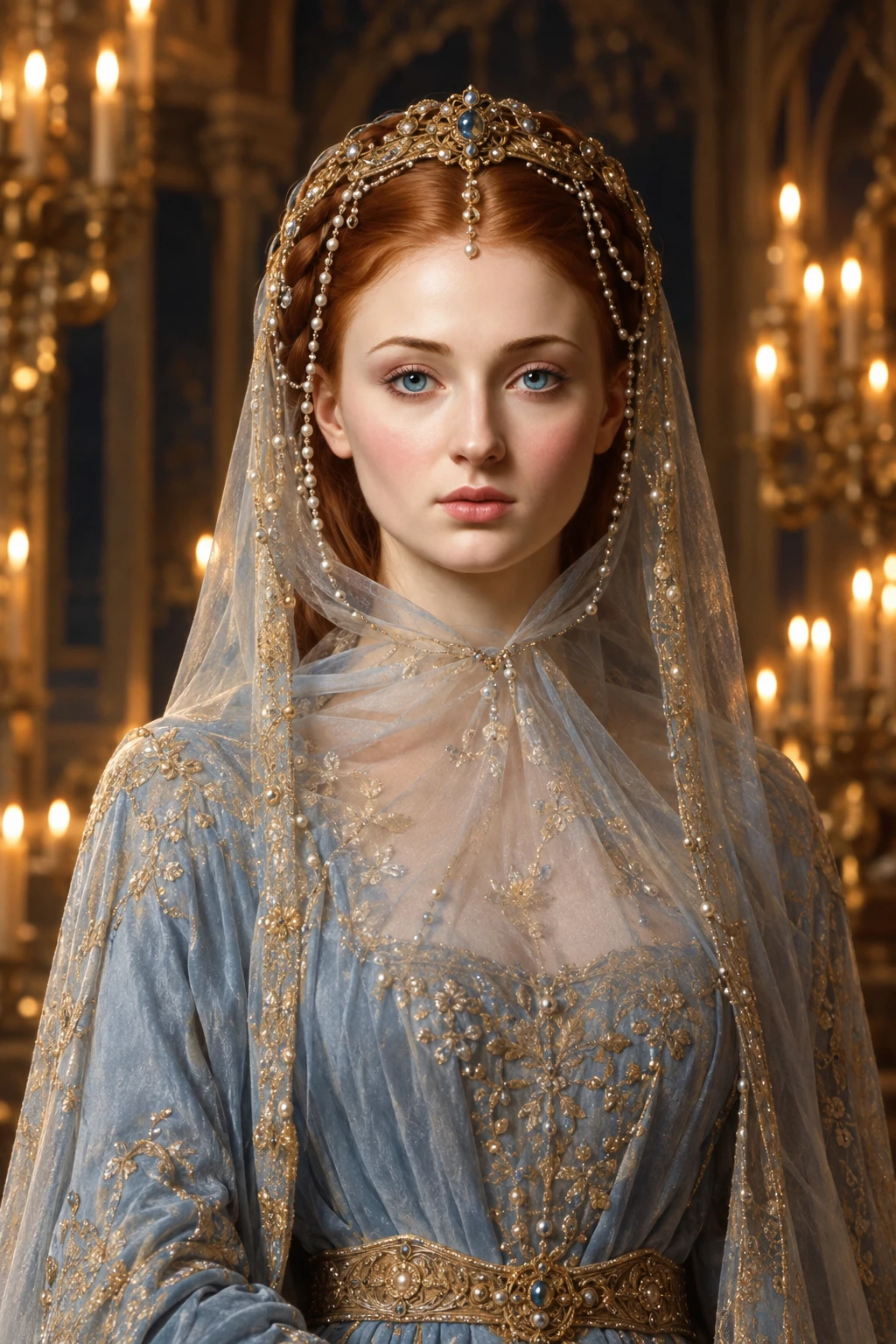 Uma mulher ruiva com um vestido azul sob um véu de pérolas