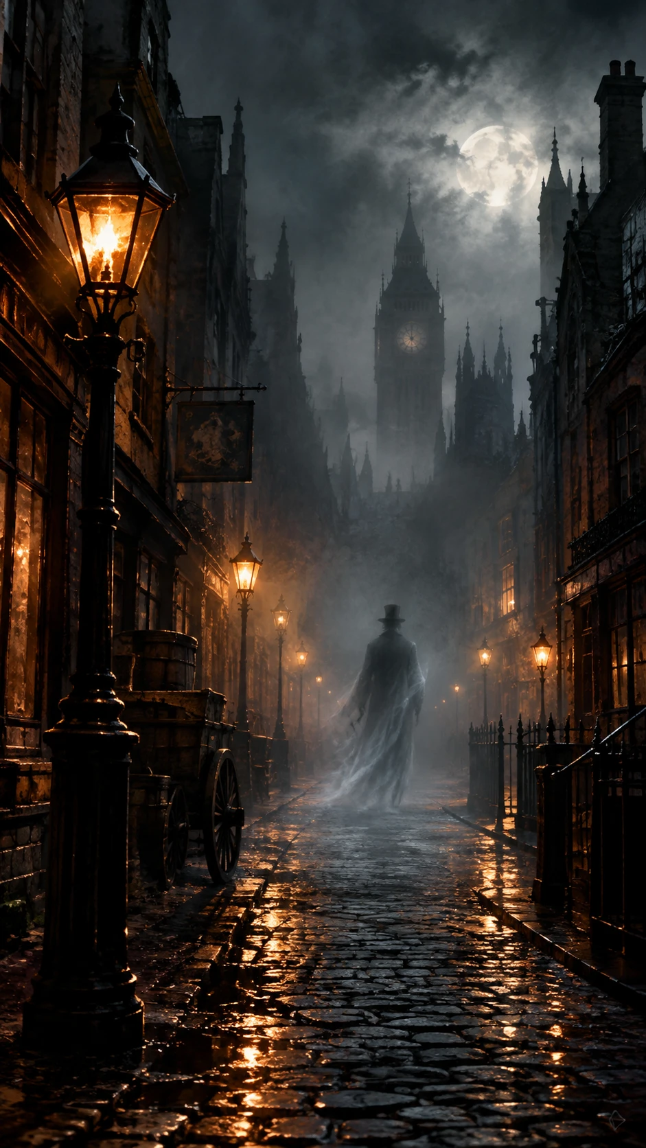 Uma figura espectral flutua por uma rua enevoada da era vitoriana