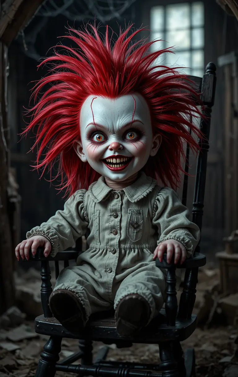 Uma boneca sorridente sentada numa cadeira de balanço num sótão coberto de teias de aranha