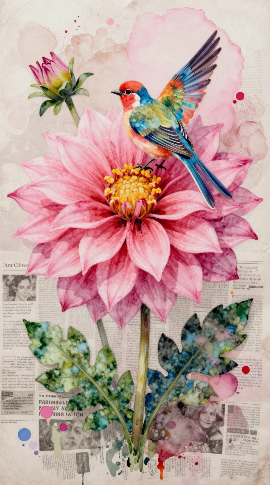 Uma vibrante flor fantástica rosa em uma obra de arte texturizada em técnica mista