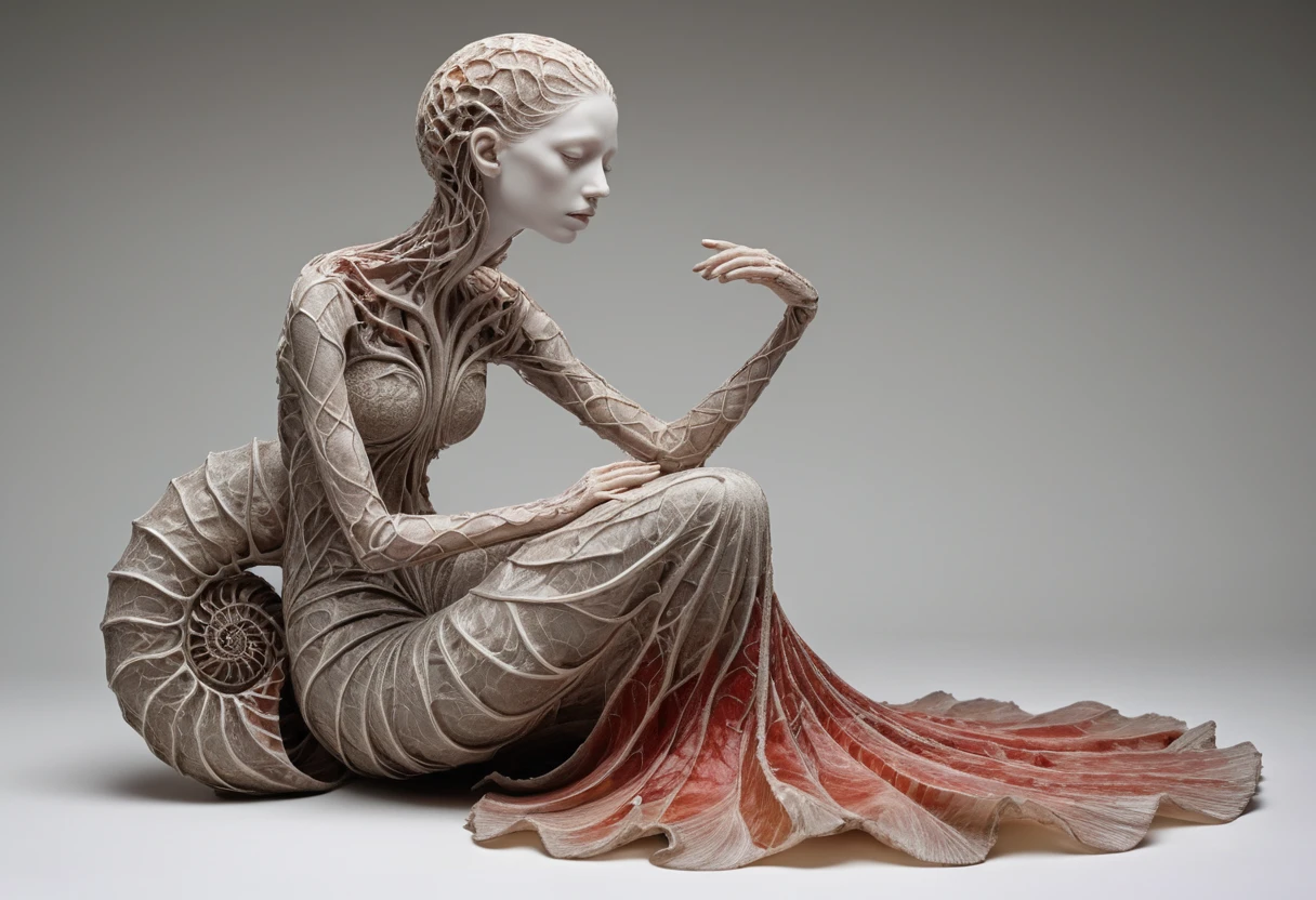 Uma mulher surreal senta-se com uma concha fossilizada entre gavinhas suspensas