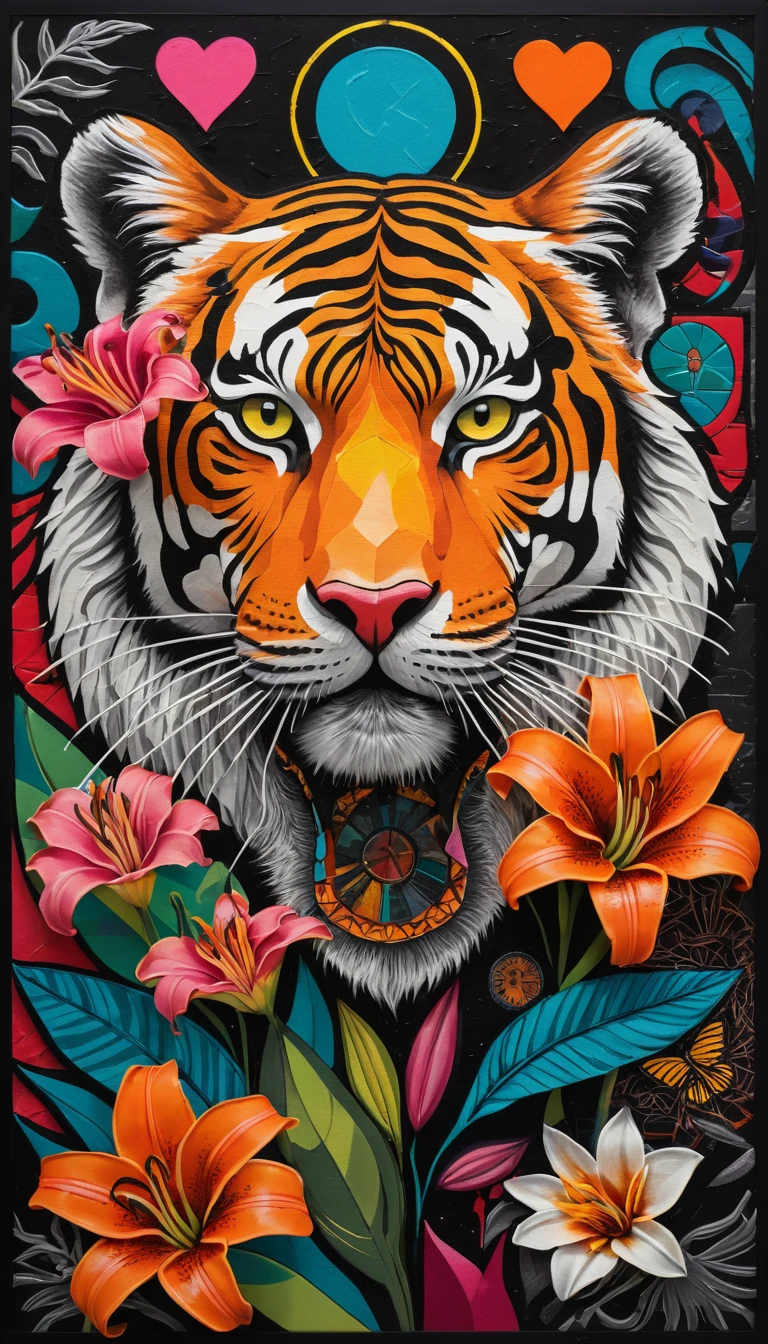 Un tigre rugissant parcourt un collage d’art urbain haut en couleur