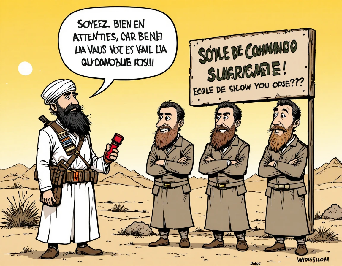 Um orador usando turbante fala a homens barbudos em uma escola de comandos suicidas no deserto