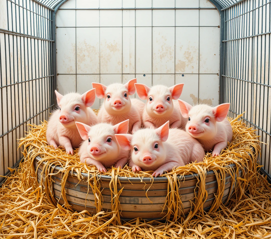 Eine Gruppe rosa Ferkel steht und ruht zwischen Stroh in einem Metallgehege