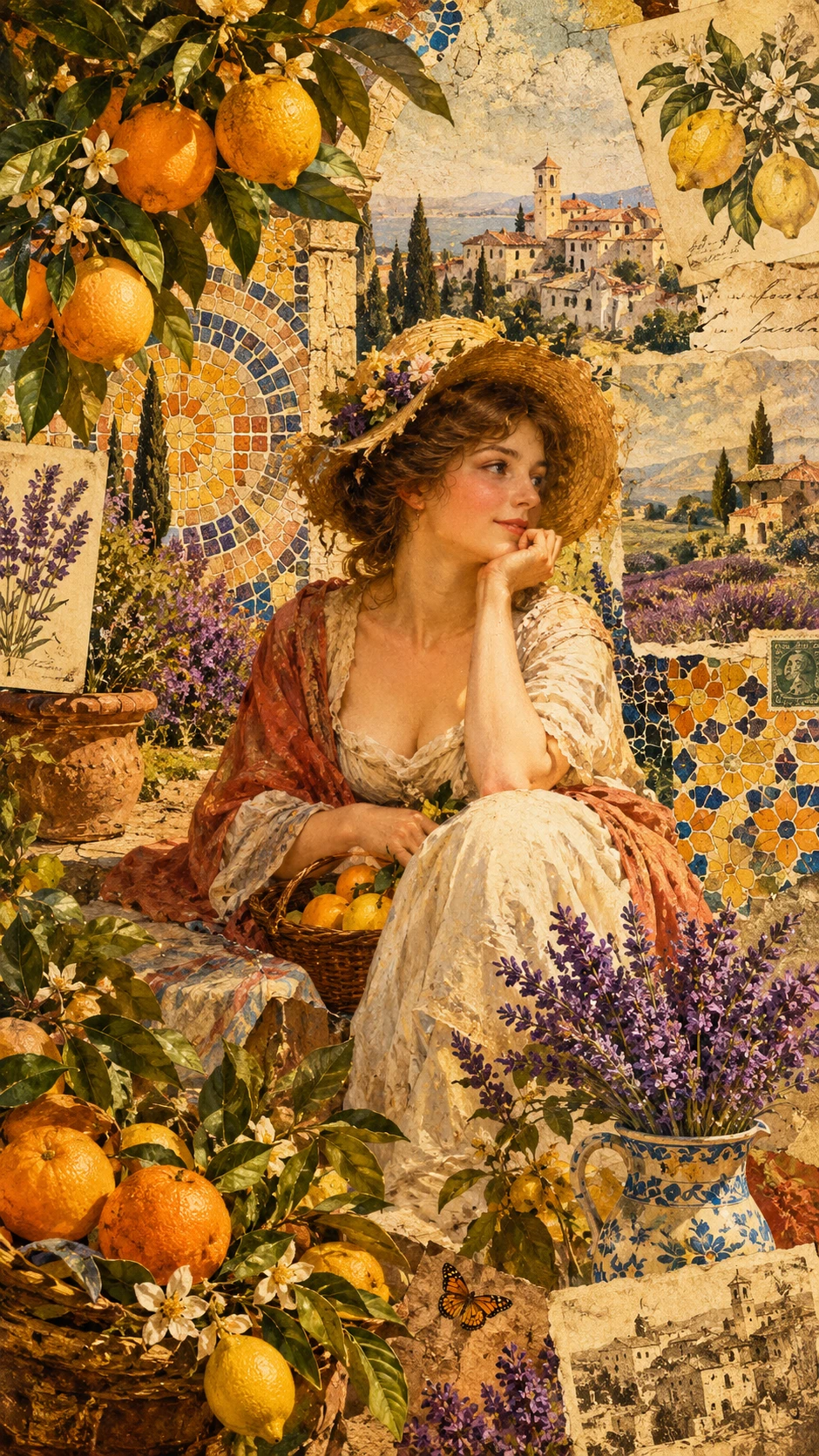 Uma mulher num jardim numa colagem nostálgica em camadas