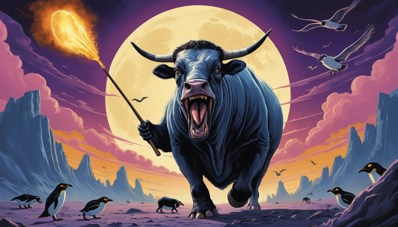 Uma vaca confusa cruza o crepúsculo pelos ares, impulsionada por uma raquete de tênis amarela