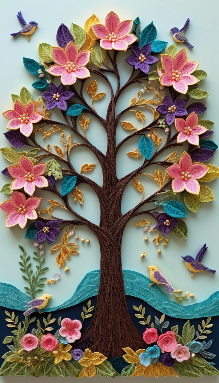 Un árbol de papel adornado con flores en capas y hojas con nervaduras