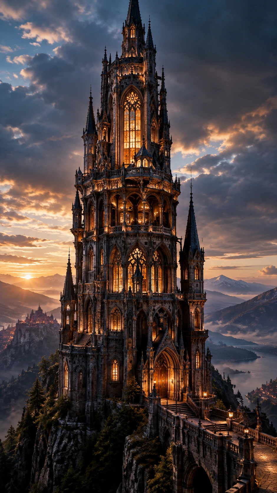 Uma torre gótica de mago brilha com uma luz acolhedora em seus vários andares