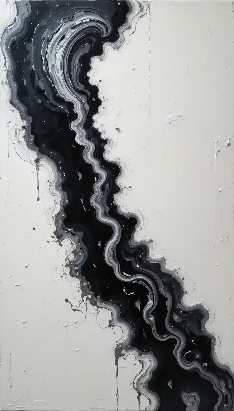 Monochrome Abstract Pour Painting With Fluid Ribbons And Porous Charcoal Texture