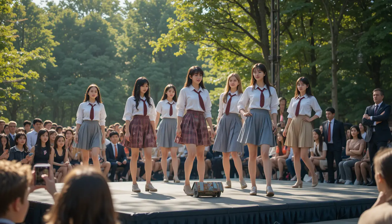 Teenage girls parade in satirical dress code outfits on a park stage