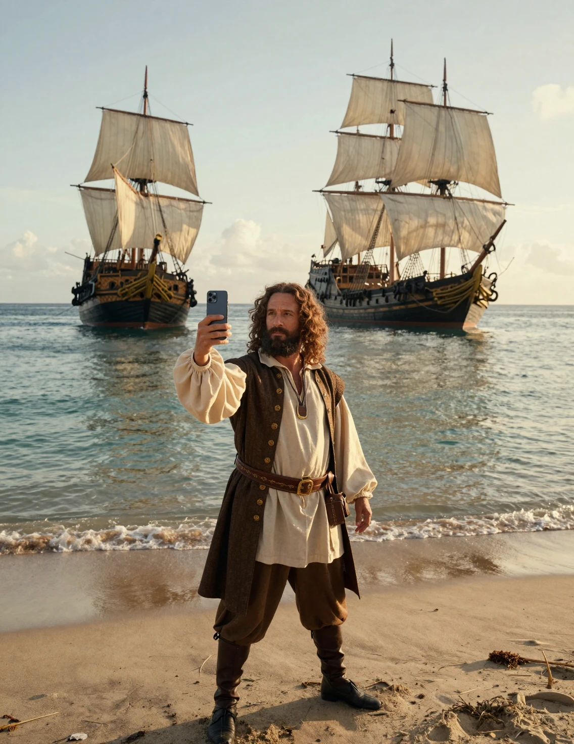 Cristoforo Colombo si fa un selfie mentre guada fino a una spiaggia americana