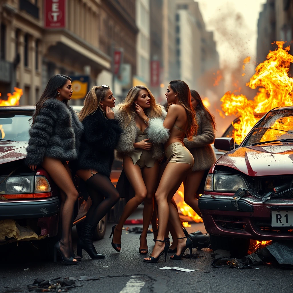 Modelle di moda combattono tra auto in fiamme in una strada cittadina