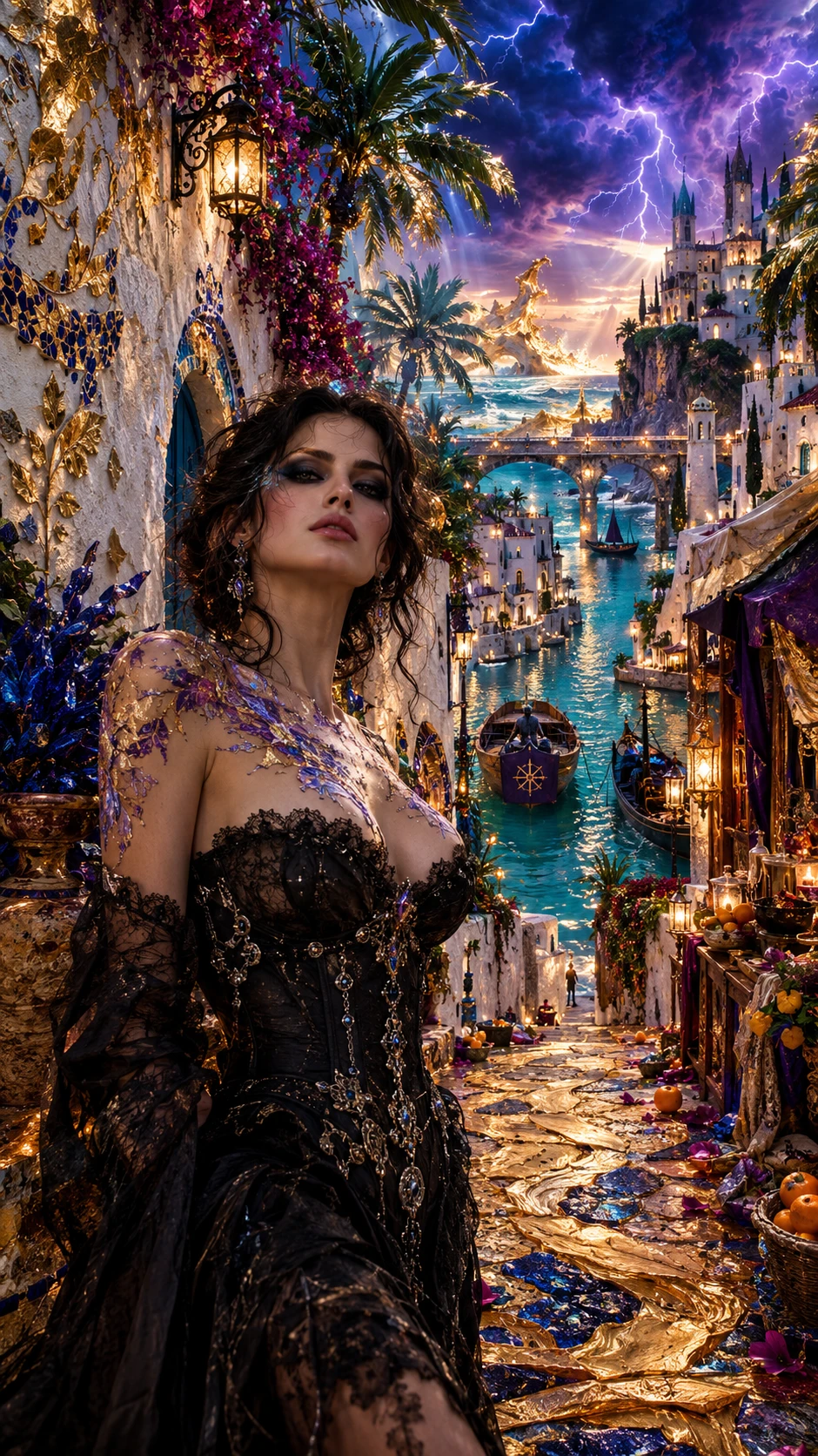 Uma mulher está em um beco mediterrâneo surreal de cera e pedra