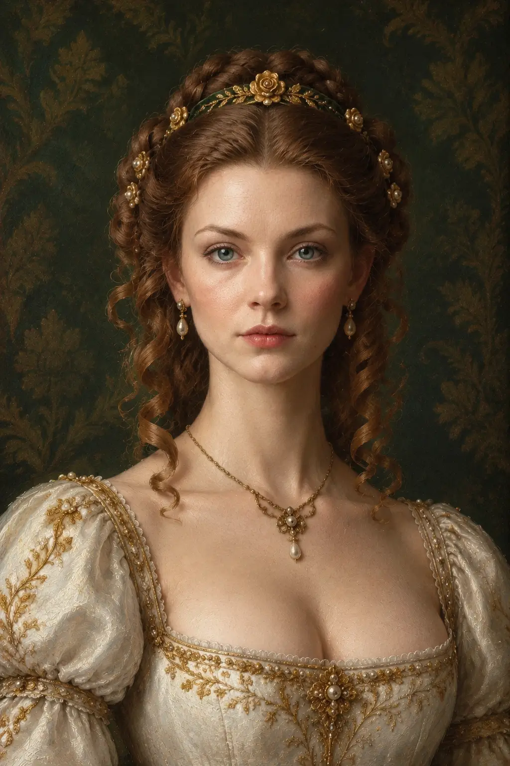 A noblewoman’s calm gaze anchors a Renaissance oil portrait