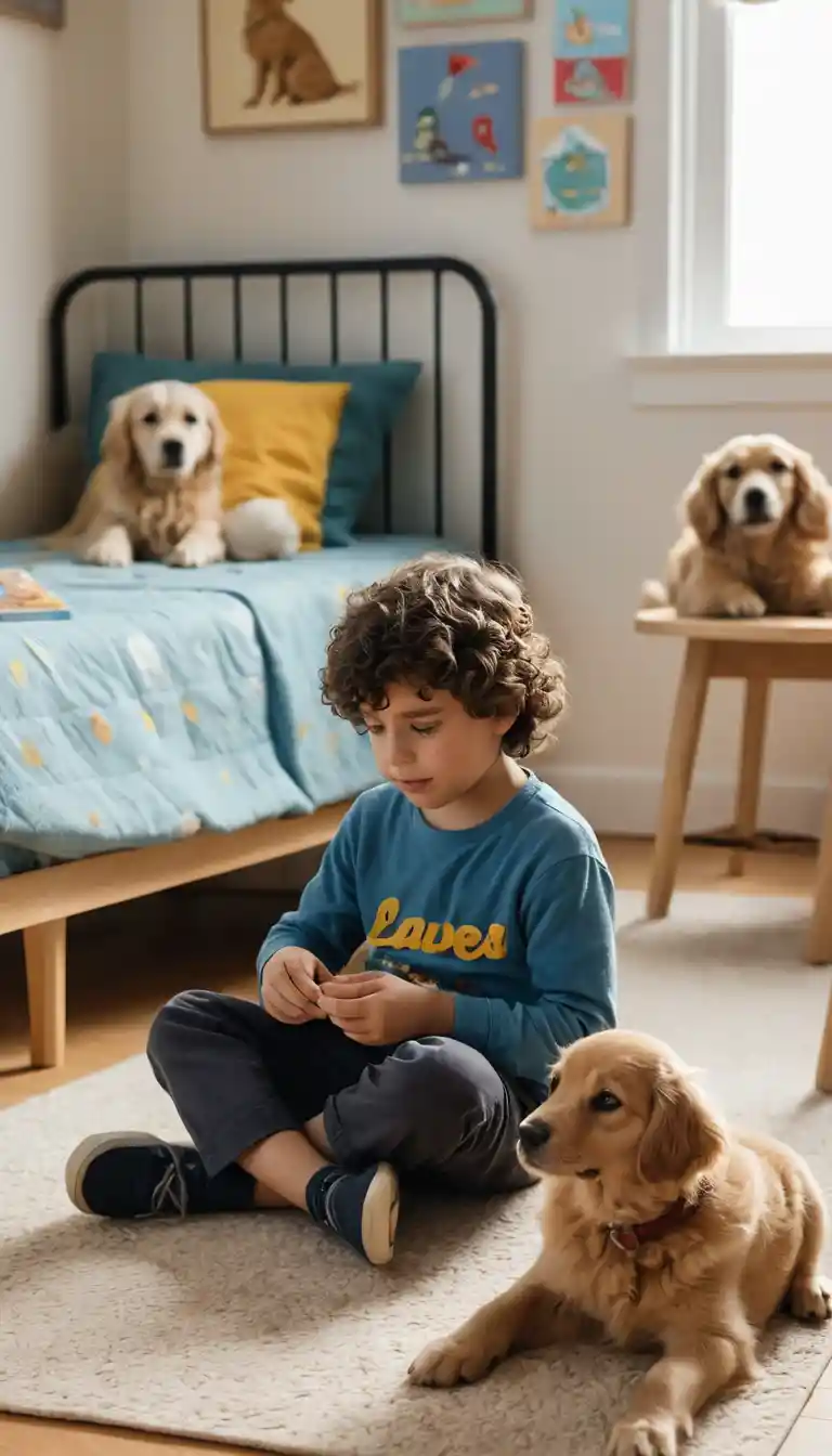 A young boy plays with a golden retriever puppy in his room