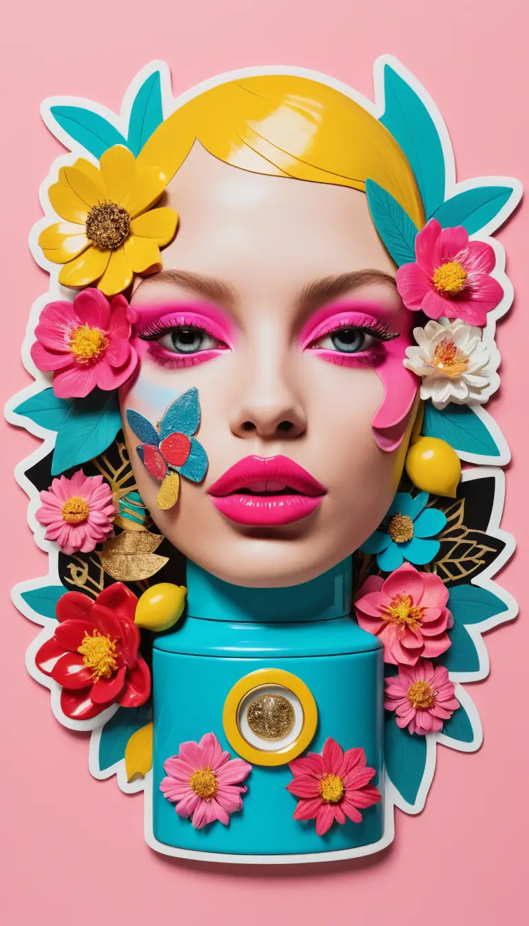 Pop art collage of oversized pink lips beside a dreamy illustrated sun