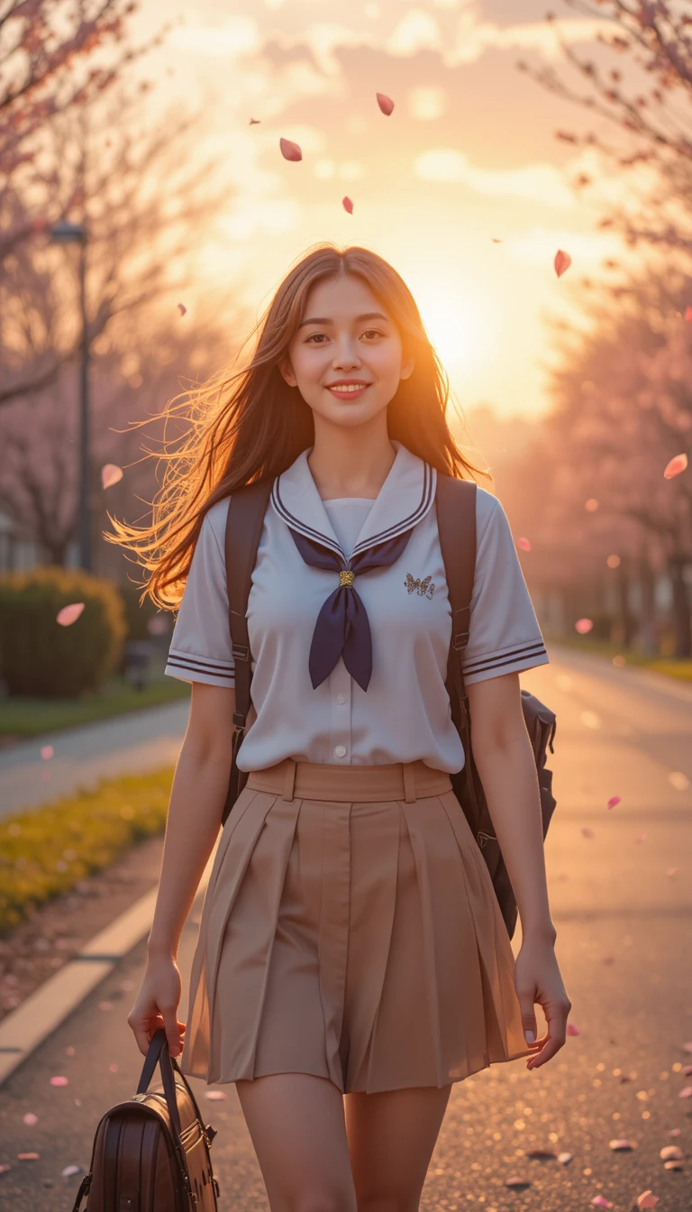 Uma estudante do ensino médio volta para casa sob as flores de cerejeira ao pôr do sol