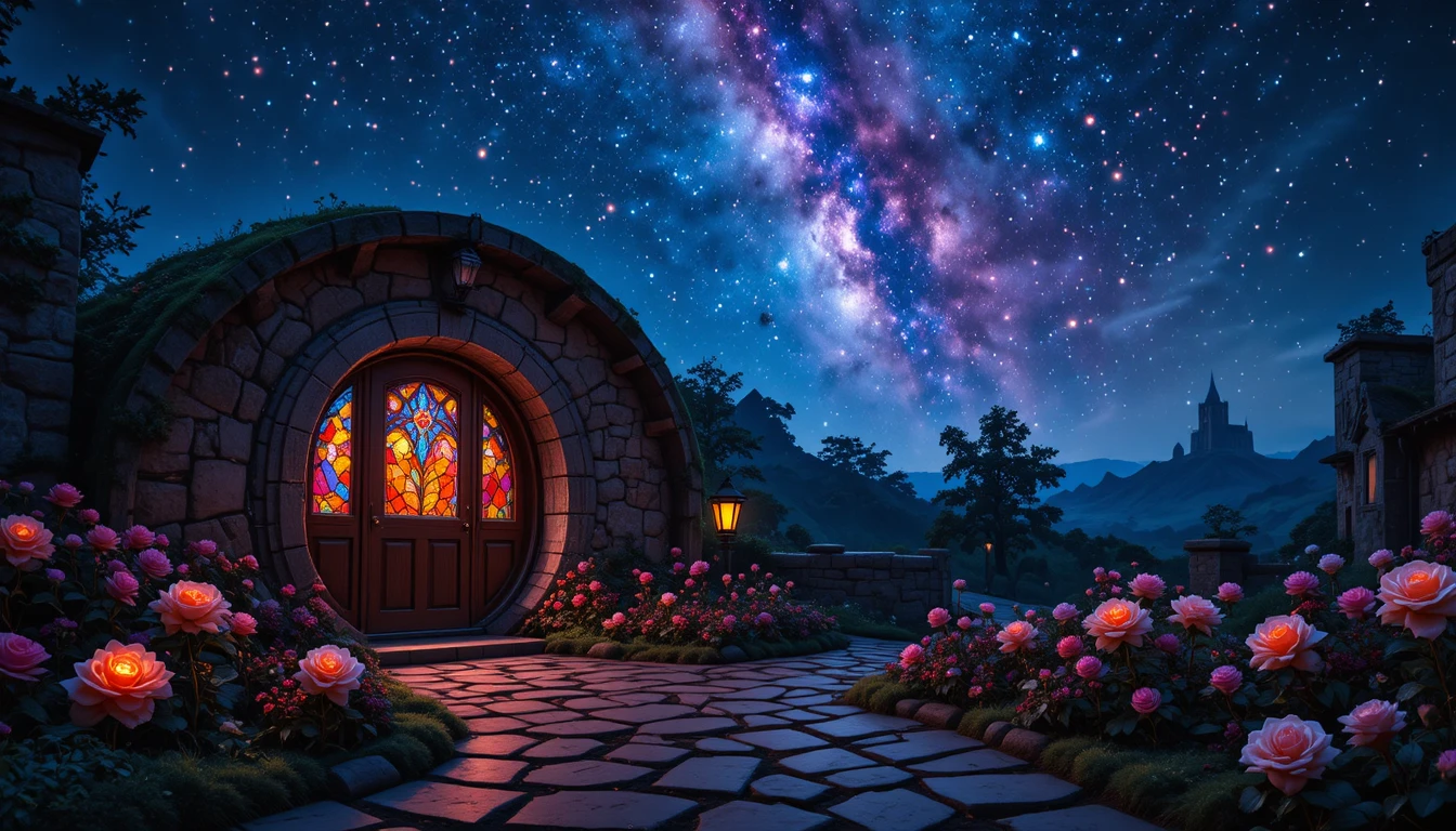 Um aconchegante lar de hobbit sob o céu estrelado da Via Láctea