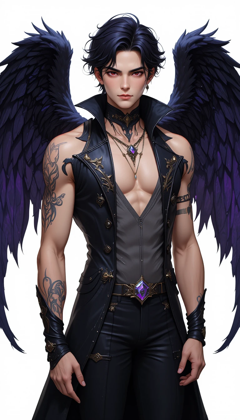 Anjo caído de anime com asas negras e olhos carmesim