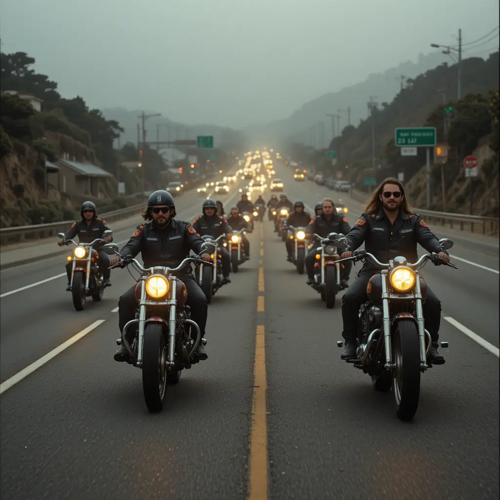 Motorcyclists leave foggy California streets before a Labor Day ride