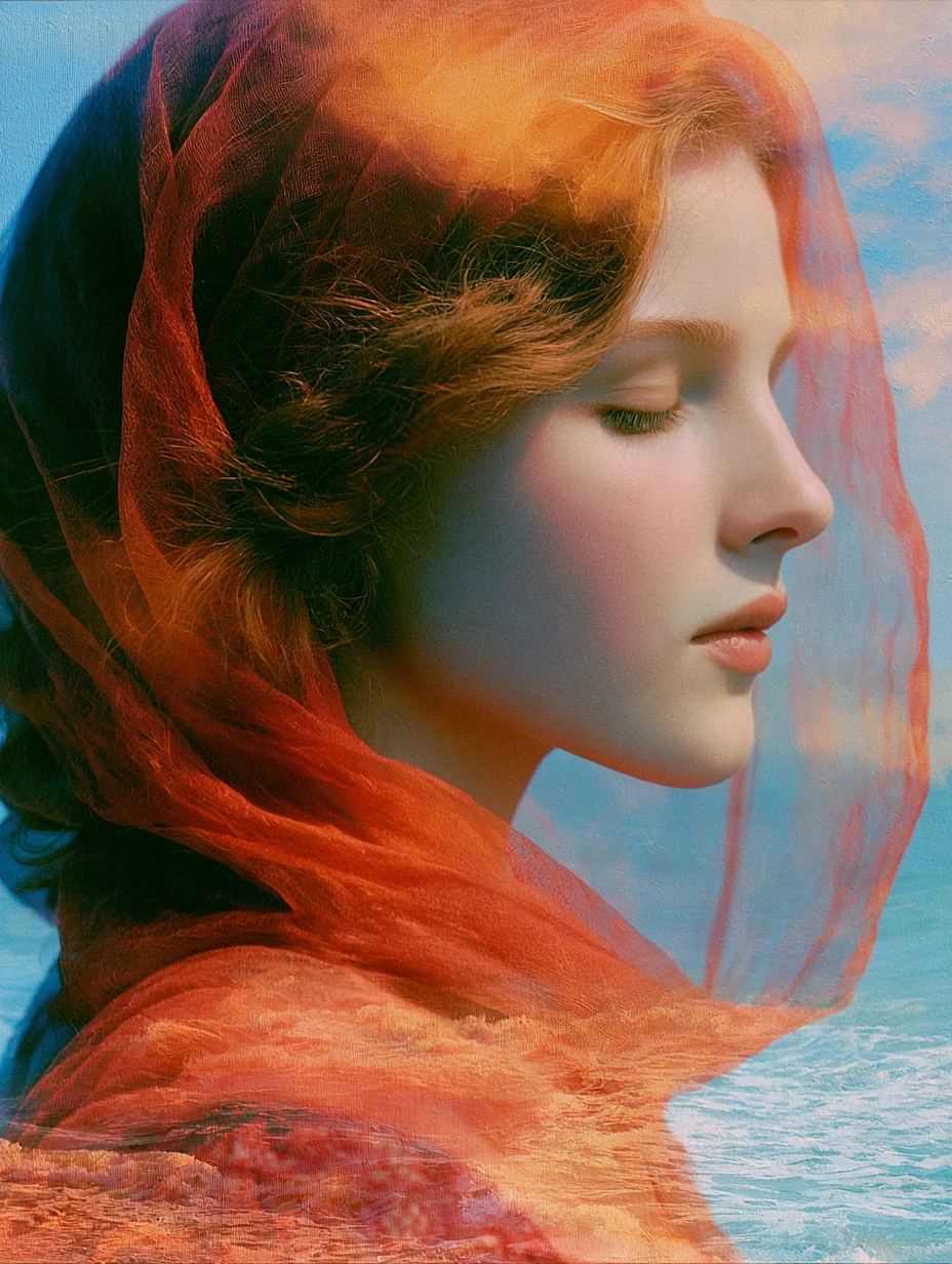 Um retrato de beleza surreal diante de uma paisagem marítima envolta em névoa suave