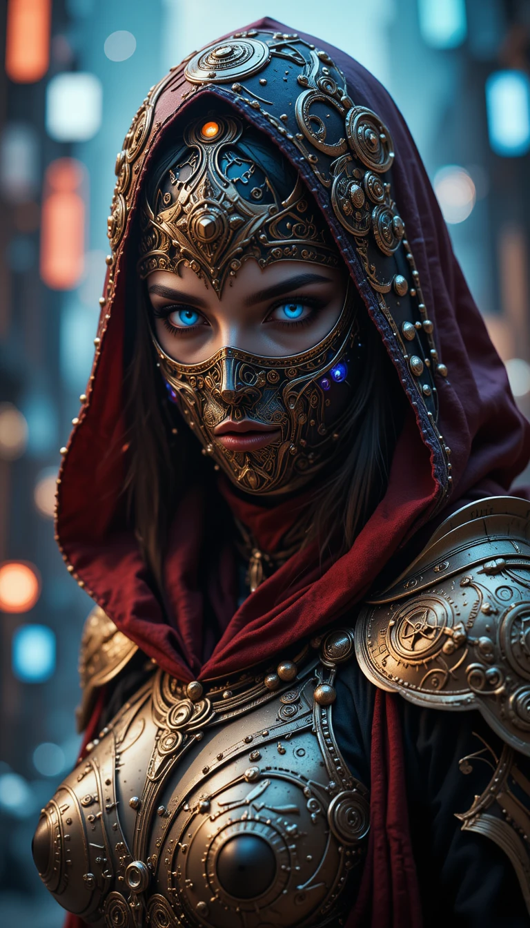 Uma guerreira futurista usa uma máscara steampunk ornamentada e um capuz