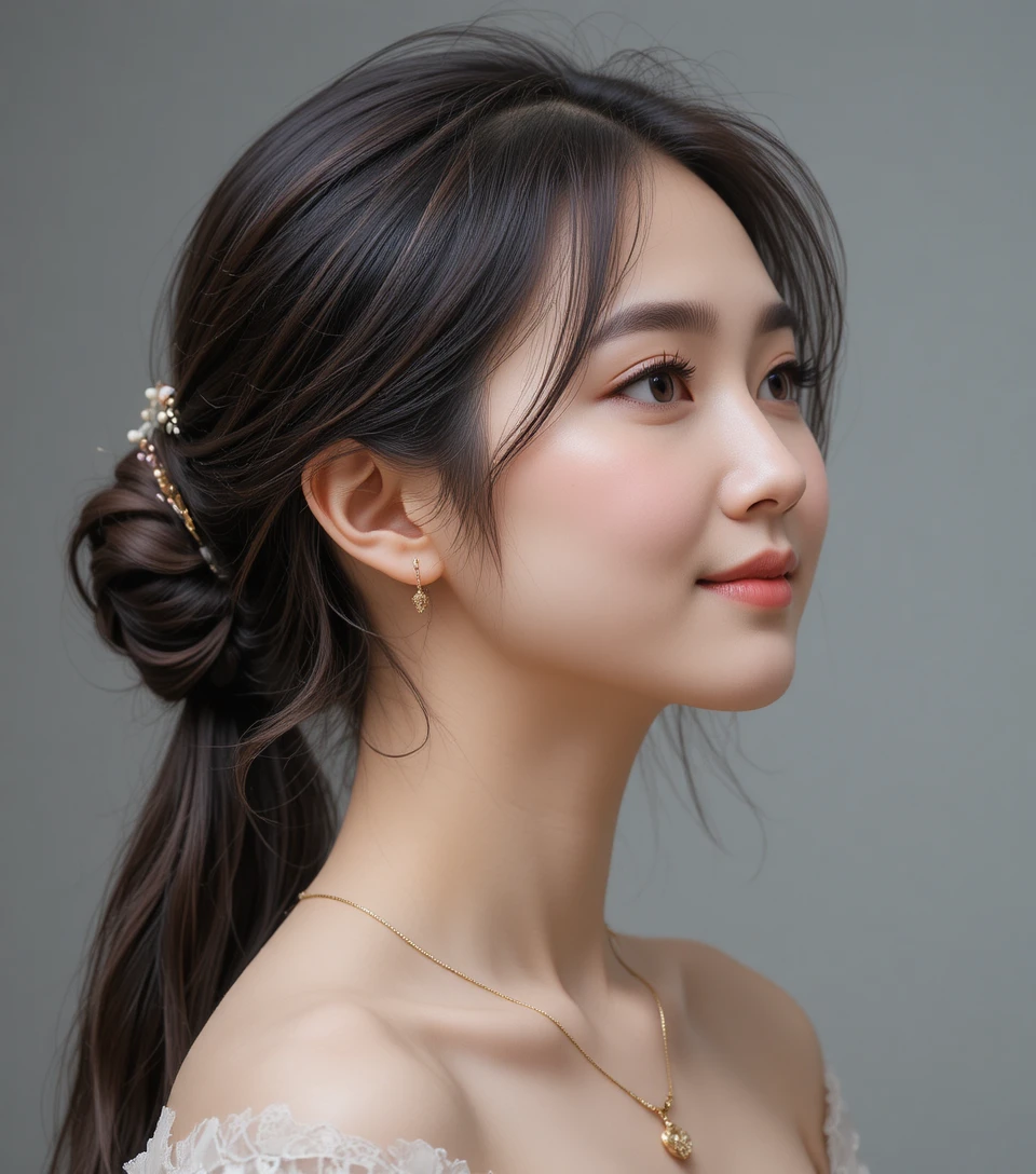잔머리가 자연스럽게 흘러내리는 느슨한 번 헤어의 젊은 아시아 여성 옆모습