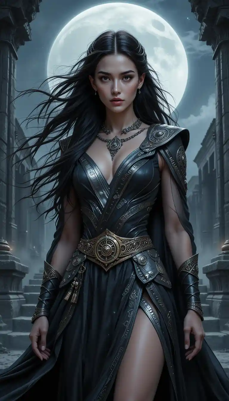 Norse goddess Freya in a warrior robe before a moonlit temple
