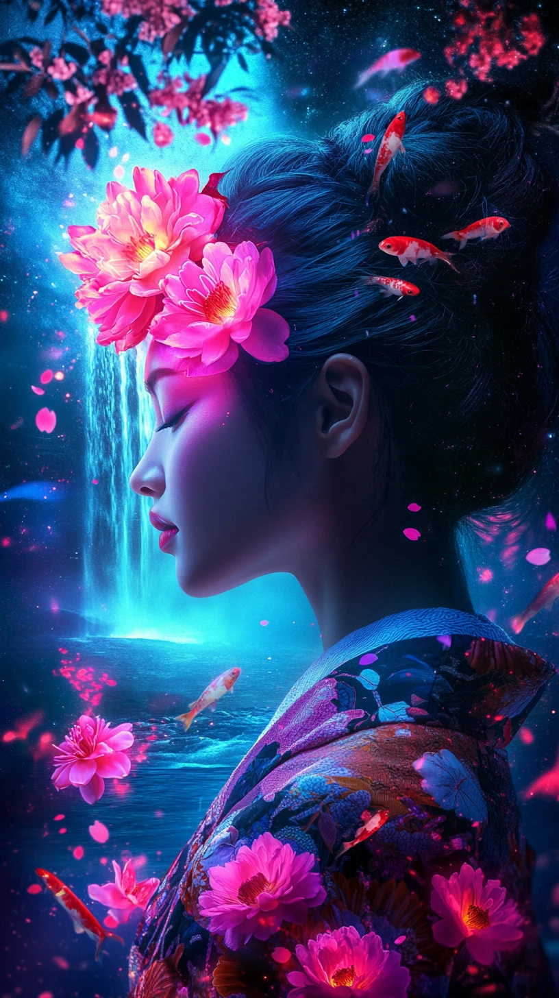 身穿霓虹和服的日本女子，身後是閃耀的瀑布