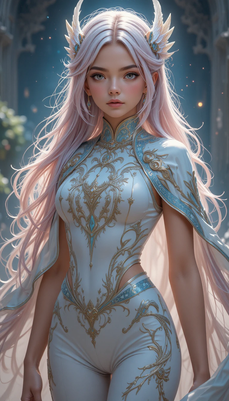 Une jeune femme de style anime aux cheveux rose presque blanc et vêtue d’une tunique turquoise