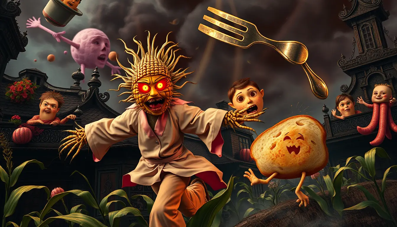 A mutant corn stalk chases a panicked Korean scarecrow