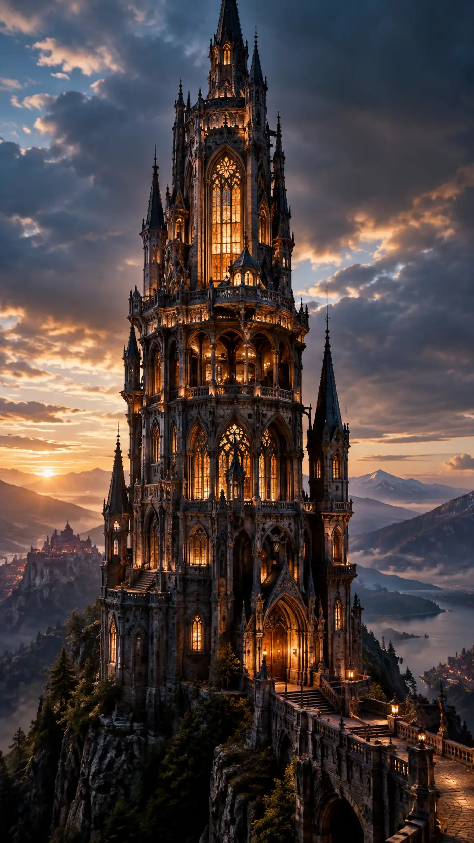 A Gothic Wizard Tower Glows With Warm Light Across Its Many Floors