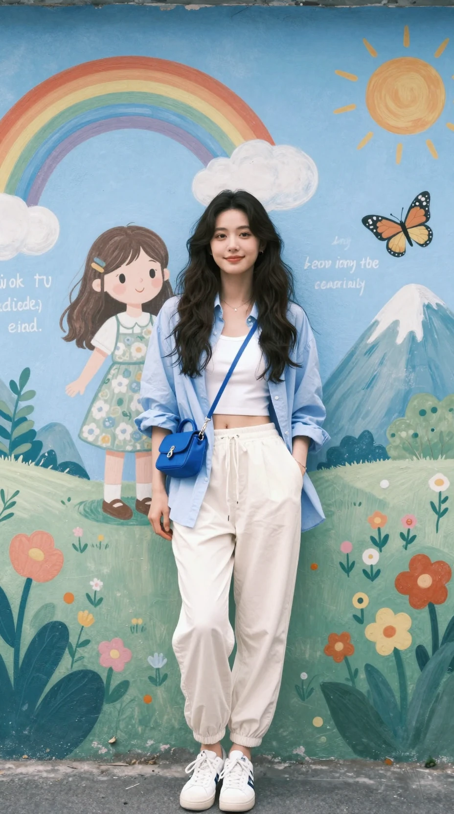 Uma jovem posa diante de um mural colorido pintado à mão