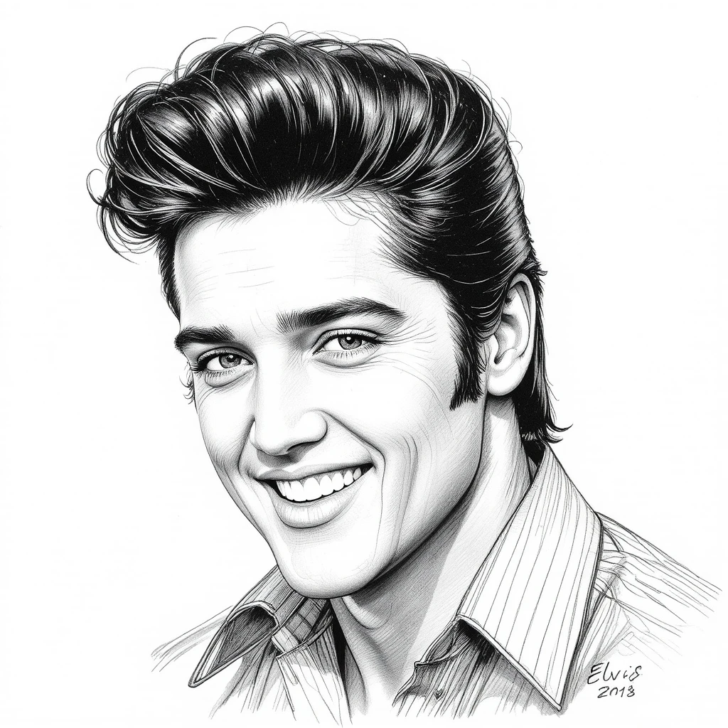 Um jovem Elvis Presley sorri em um retrato detalhado a lápis