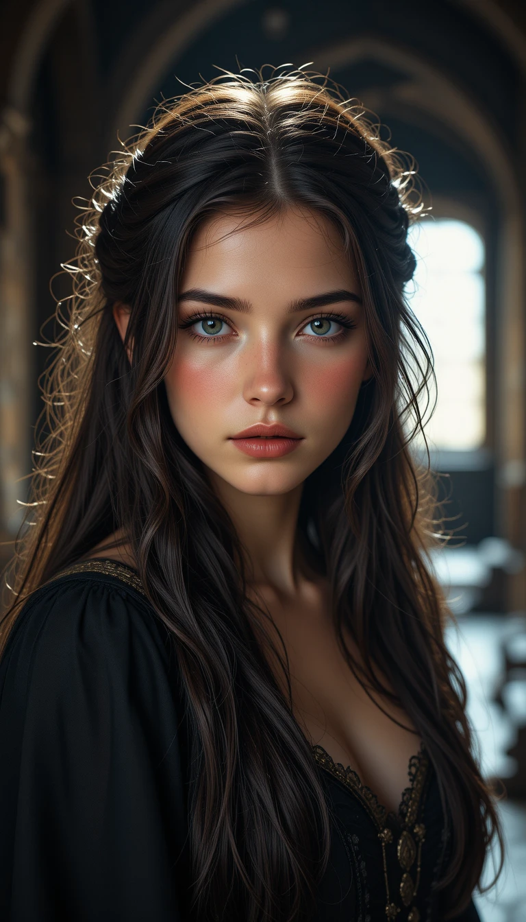 Jovem ucraniana com um vestido medieval preto num interior sombrio