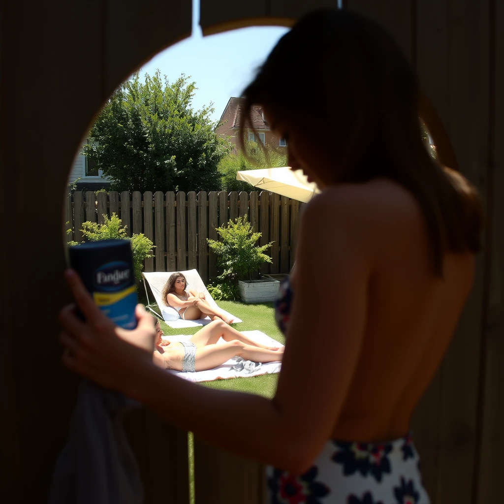 Uma mulher passa protetor solar enquanto toma sol ao lado de uma cerca de jardim