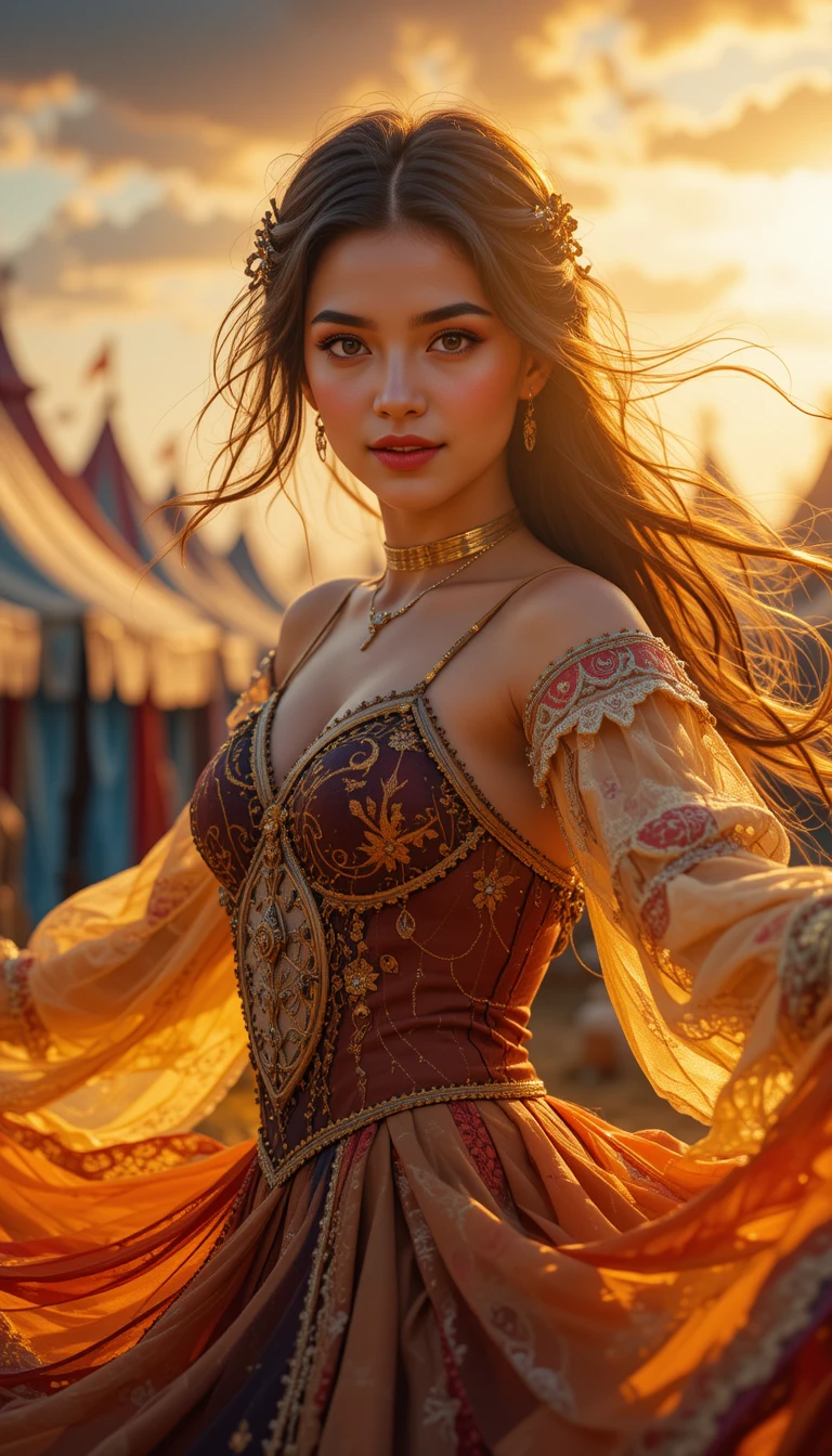 Uma dançarina medieval gira junto a tendas coloridas sob o pôr do sol dourado