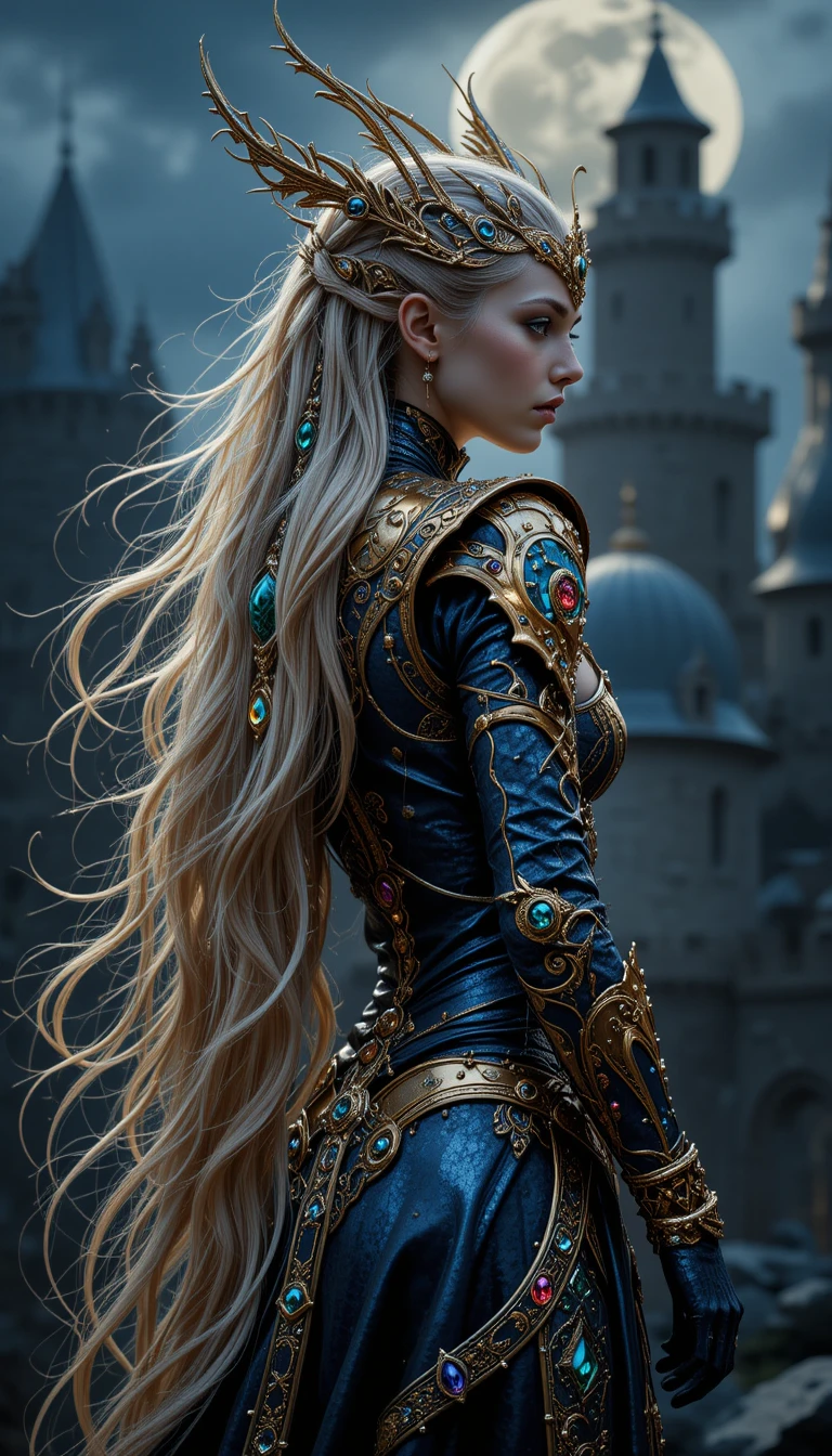 Uma mulher adornada com joias brilha sob o luar intenso
