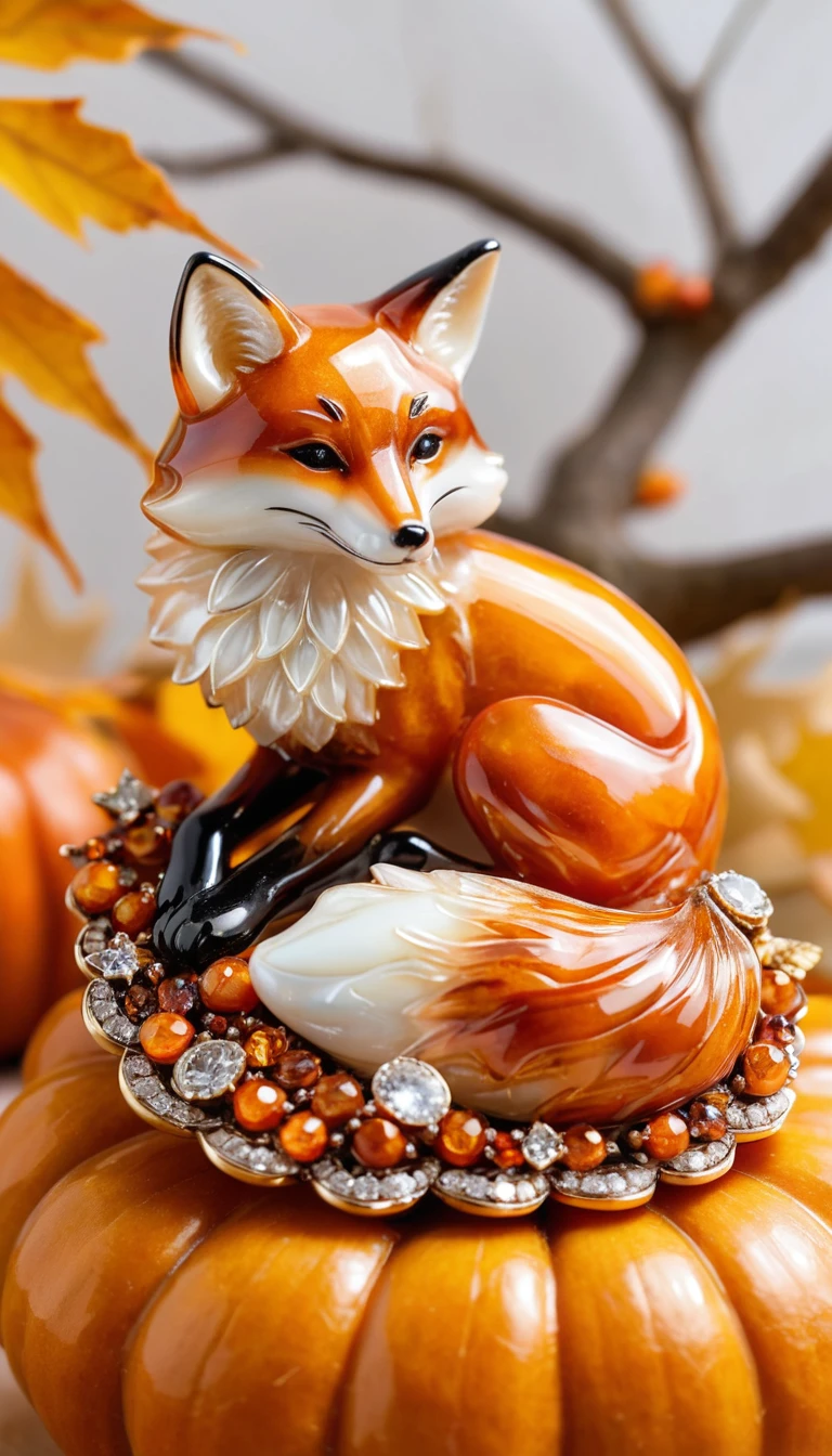 Ein juwelenbesetzter Fuchs schläft auf einem Kürbis in einer kunstvollen Brosche