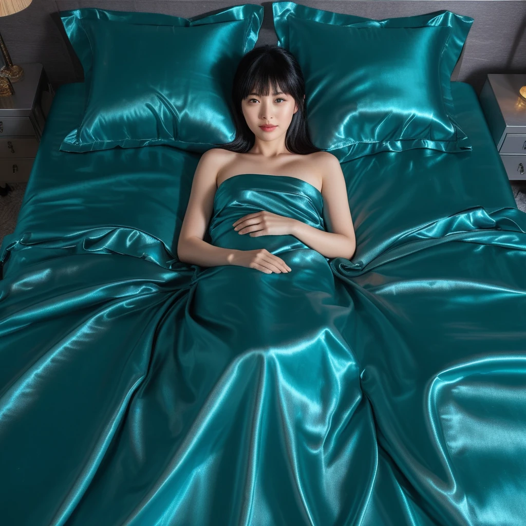 Uma mulher japonesa deitada em lençóis de cetim brilhantes