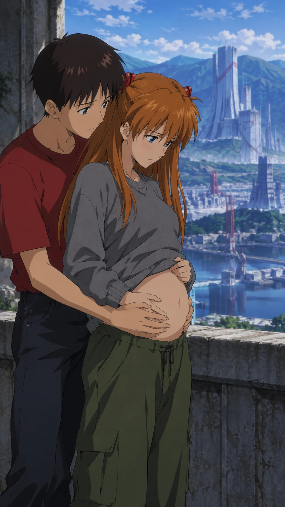 Uma mulher de anime preocupada está em uma varanda de pedra com vista para Tóquio-3