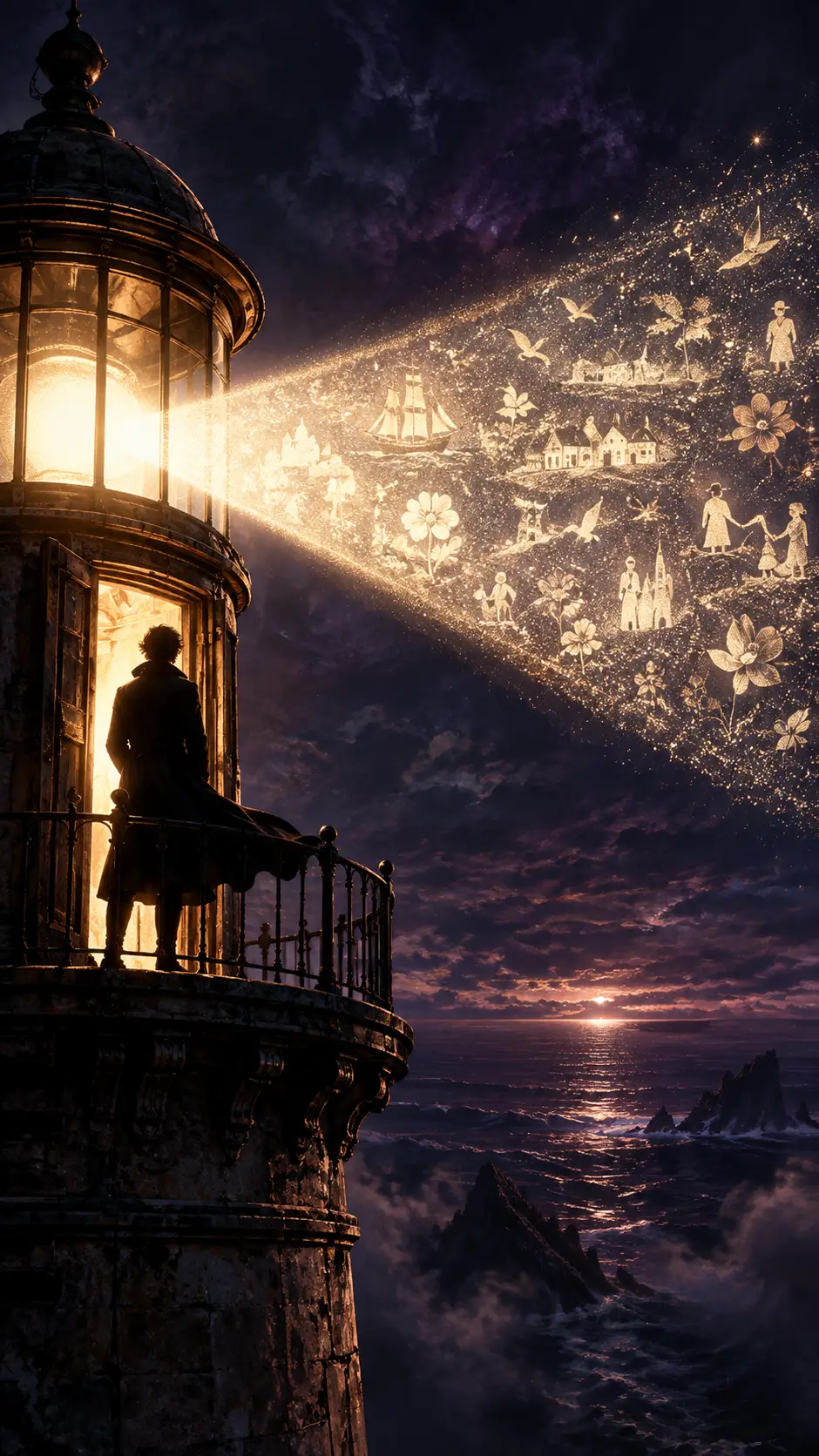 Une silhouette solitaire se tient dans l'embrasure d'un phare, au-dessus d'un océan impossible
