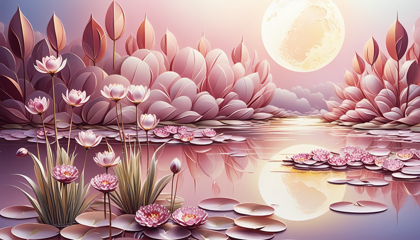 Lago ao luar com flores coloridas refletidas na água texturada