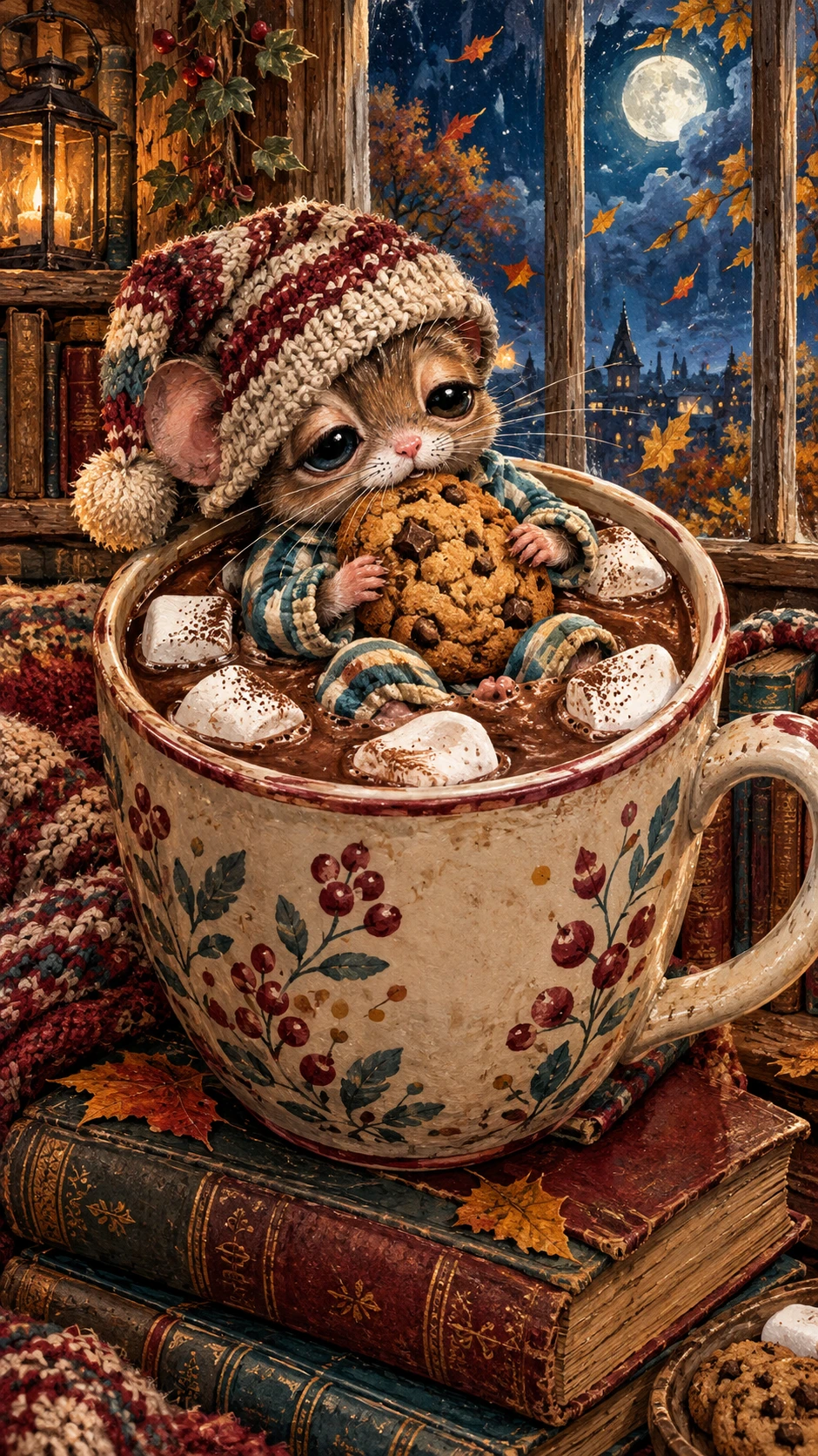 Um ratinho sonolento mergulha em uma caneca gigante de chocolate quente