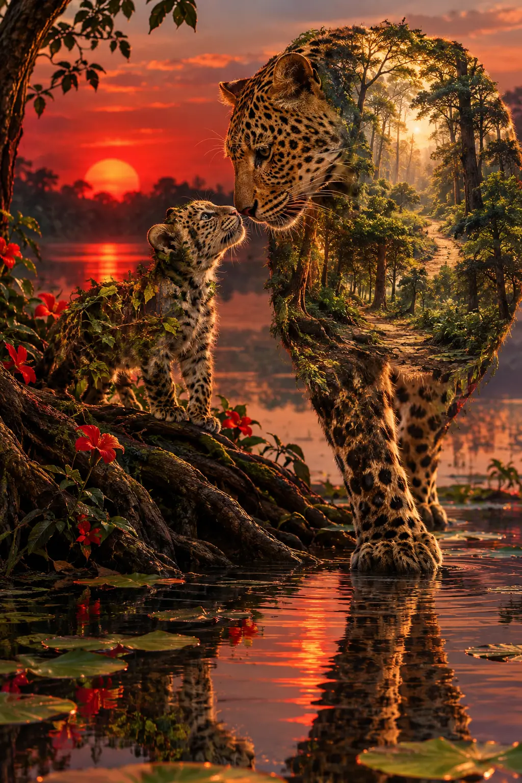 Un leopardo e il suo cucciolo passeggiano tranquilli lungo uno stagno nel bosco