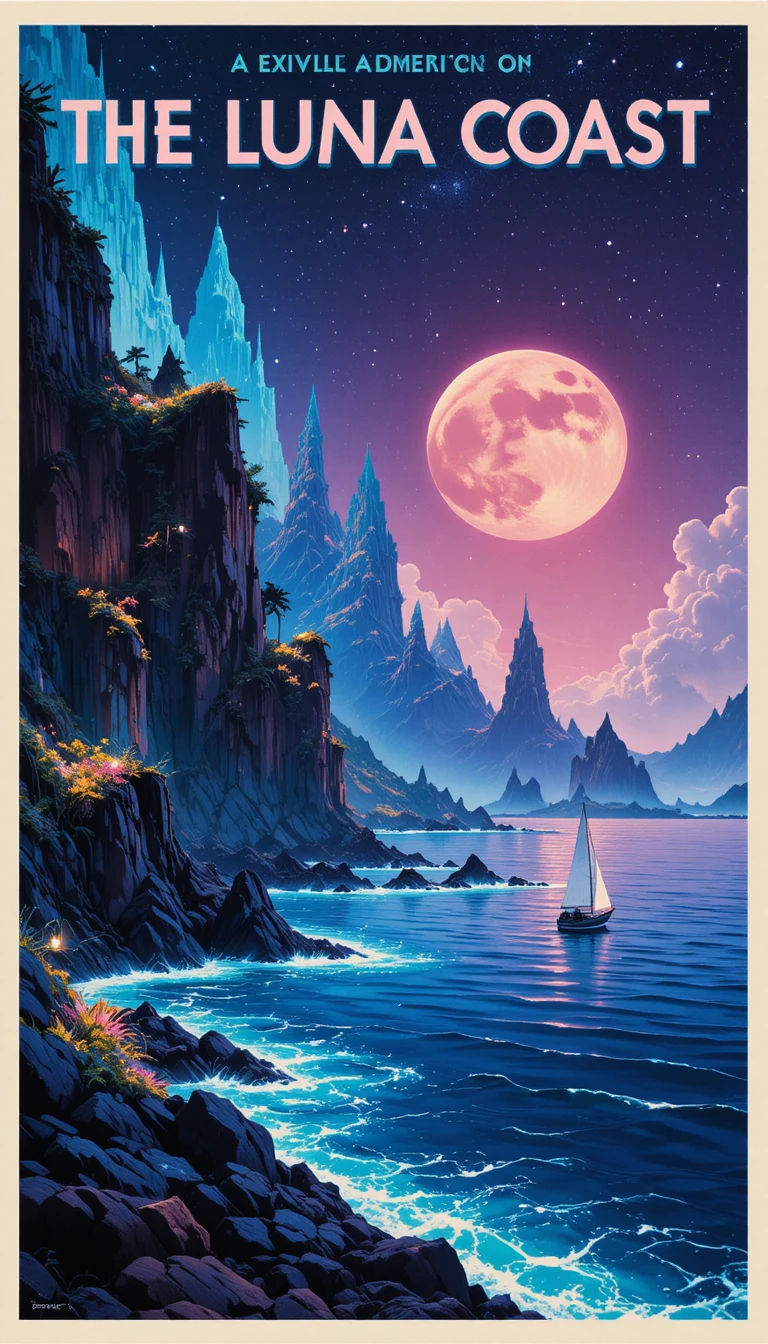 A vintage travel poster depicts a luminous coastline and distant sailboat