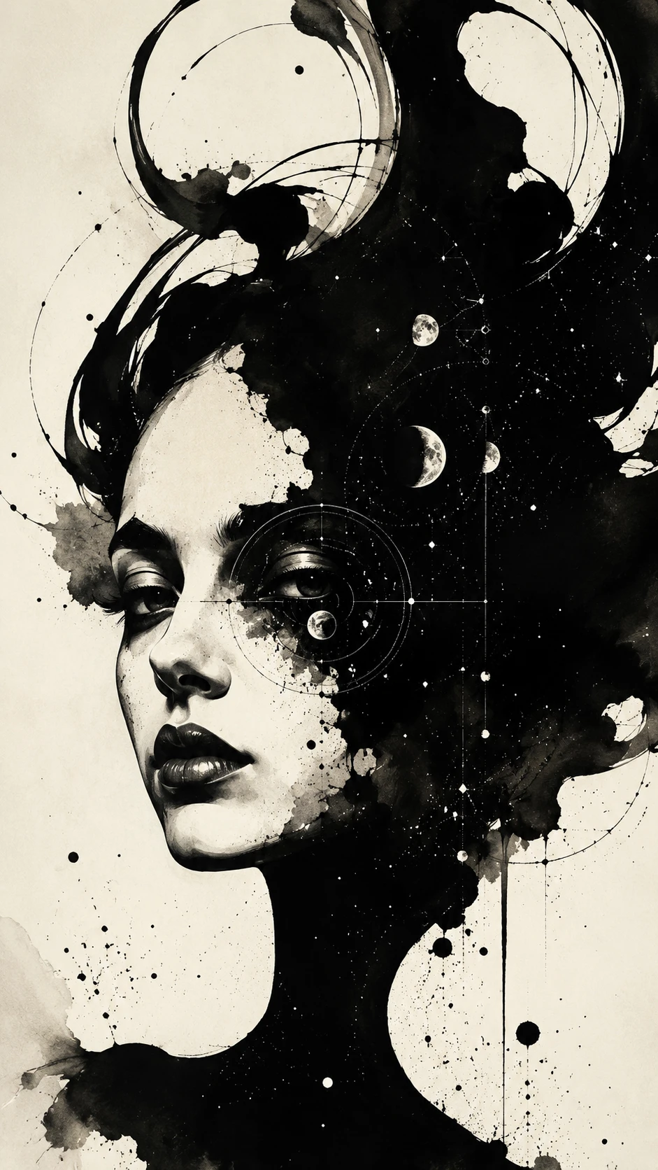 Retrato surreal de mulher que emerge de pinceladas fluidas de tinta preta e diagramas celestes